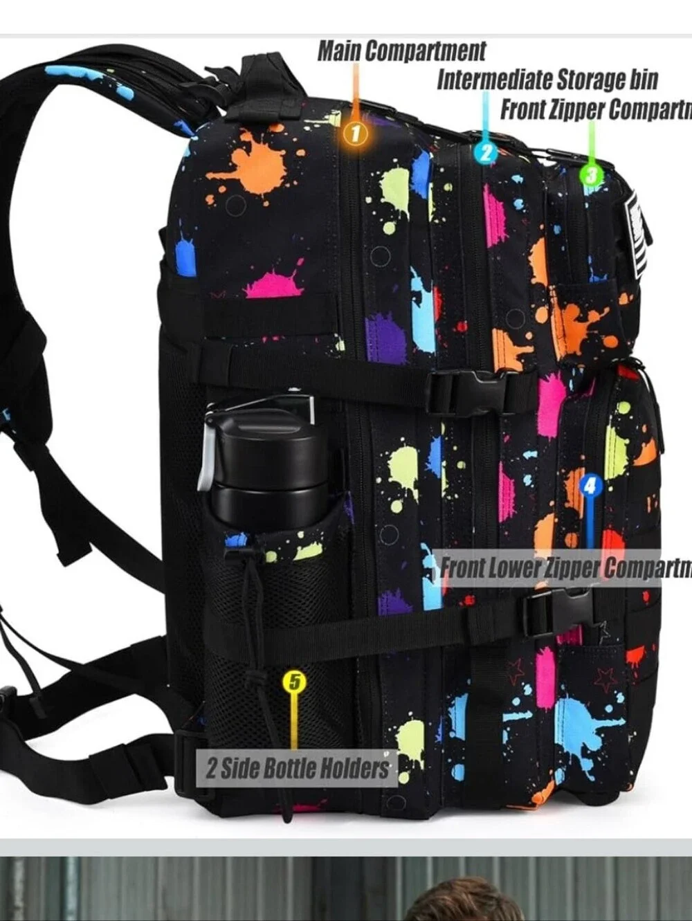 Tactical Backpack for Men - Black with Multicolor Paint Splatter